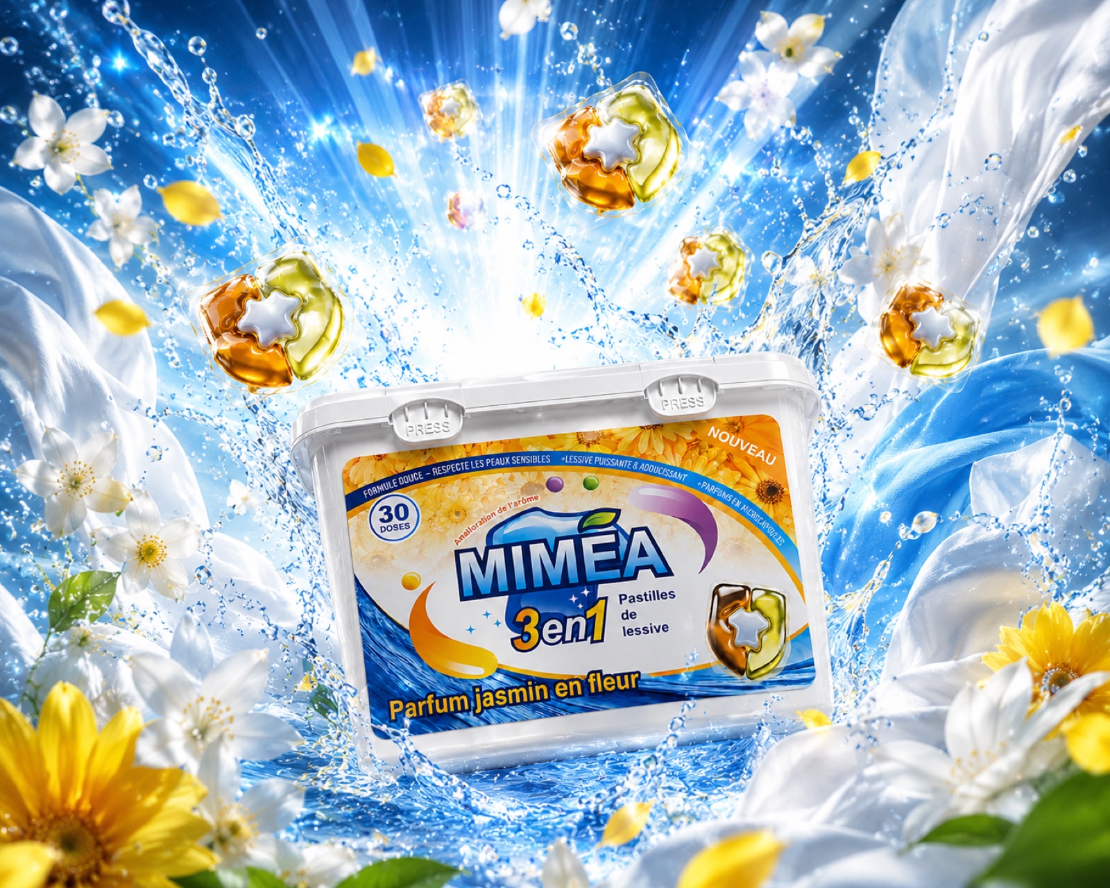 Boîte MIMÉA et capsules dans un éclat d'eau
