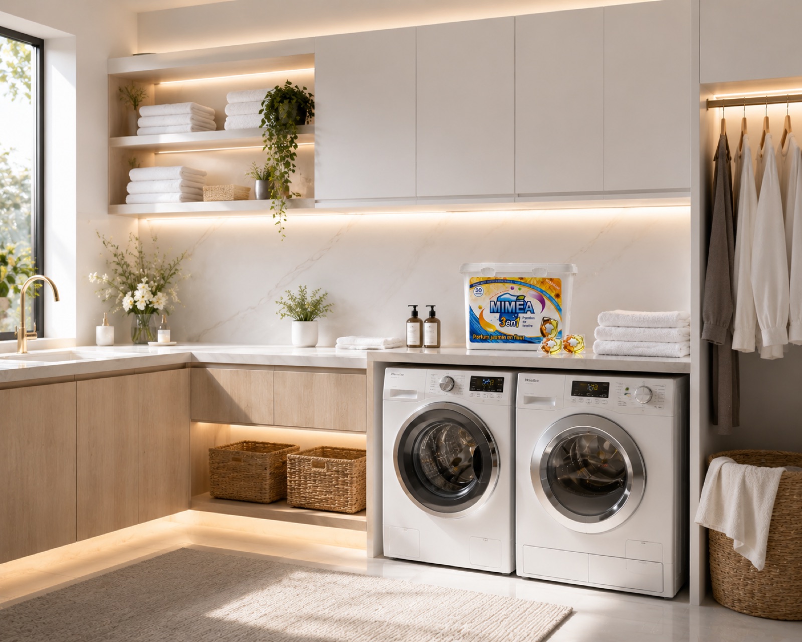 Buanderie moderne avec boîte MIMÉA et linge plié
