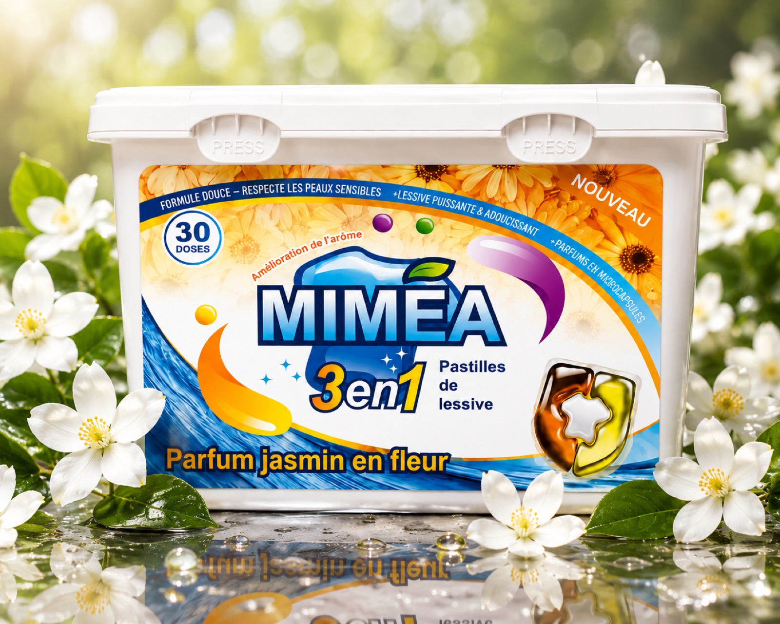 Boîte MIMÉA Fresh entourée de fleurs de jasmin